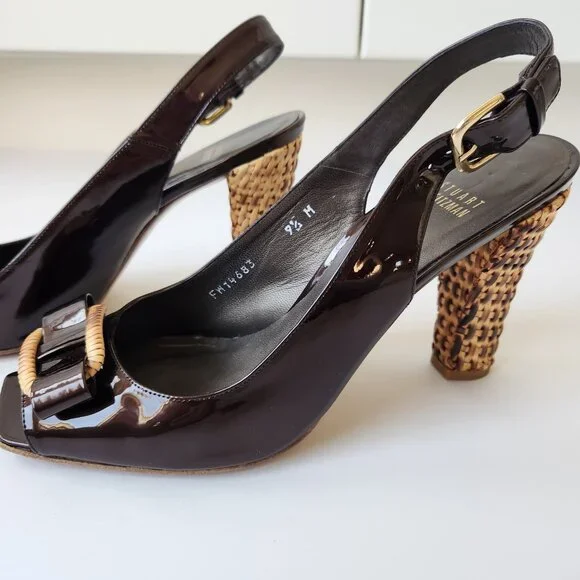 Stuart Weitzman Brown Patent Leather Slingback Heels Woven Block Heel Bows 9.5 M - Picture 6 of 15
